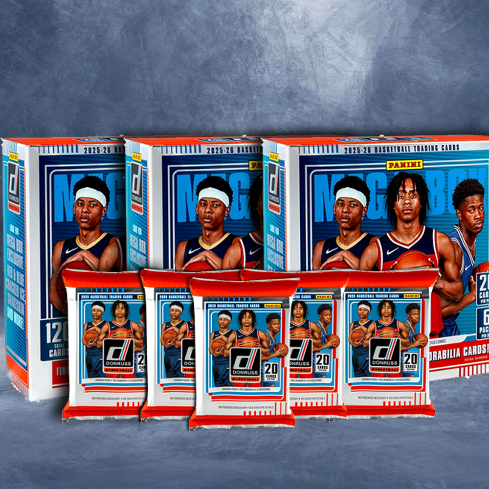 A stack of 2025-26 Panini Donruss Basketball Mega Box packs and loose cards, illustrating the volume of cards received for the price.
