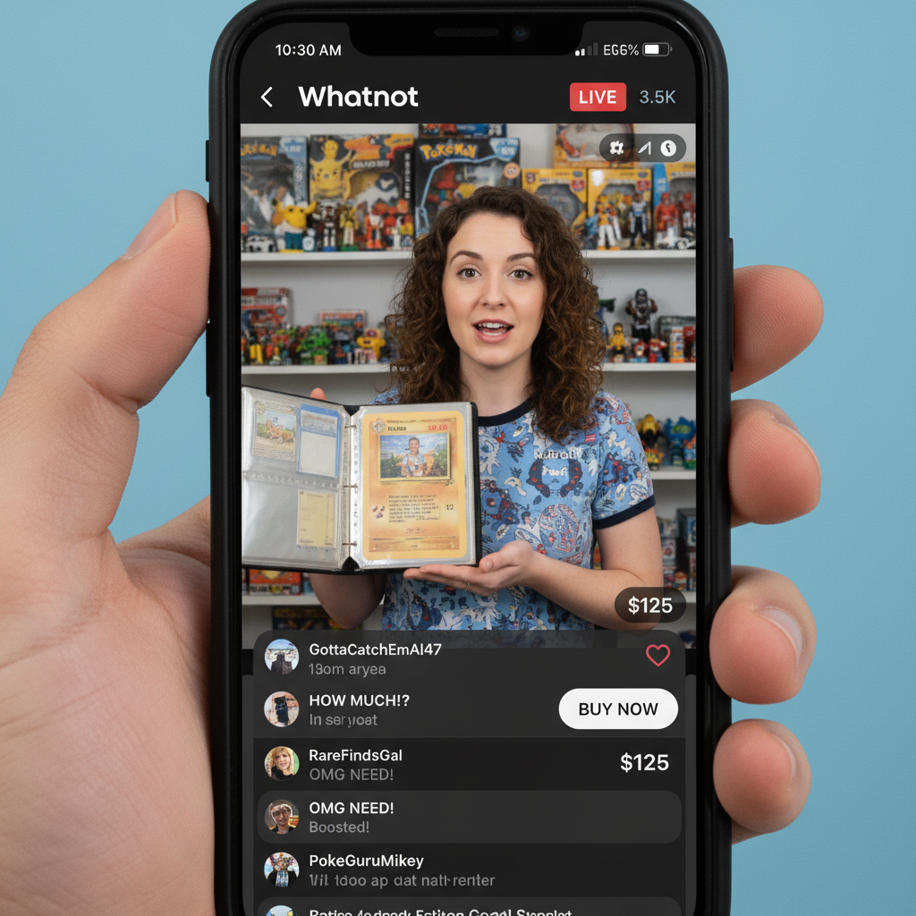 A mobile phone screen displaying a live Whatnot stream, with chat comments and a host engaging with viewers.