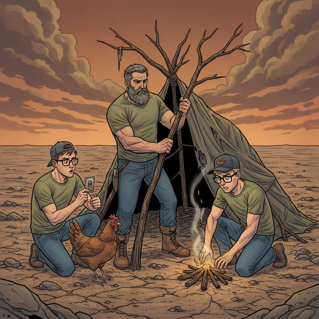 A cartoon depiction of Joe building a shelter, Mike trying to start a fire with sticks, and Matt attempting to barter with a chicken, all in a desolate landscape.