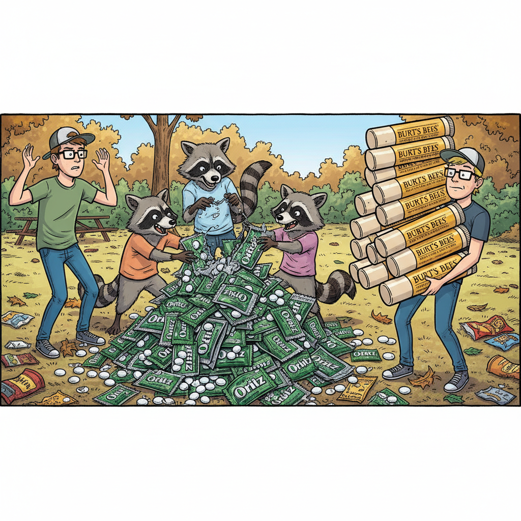 A cartoon raccoon comically holding a stick of gum, symbolizing the 'raccoon families' who make snacks disappear.
