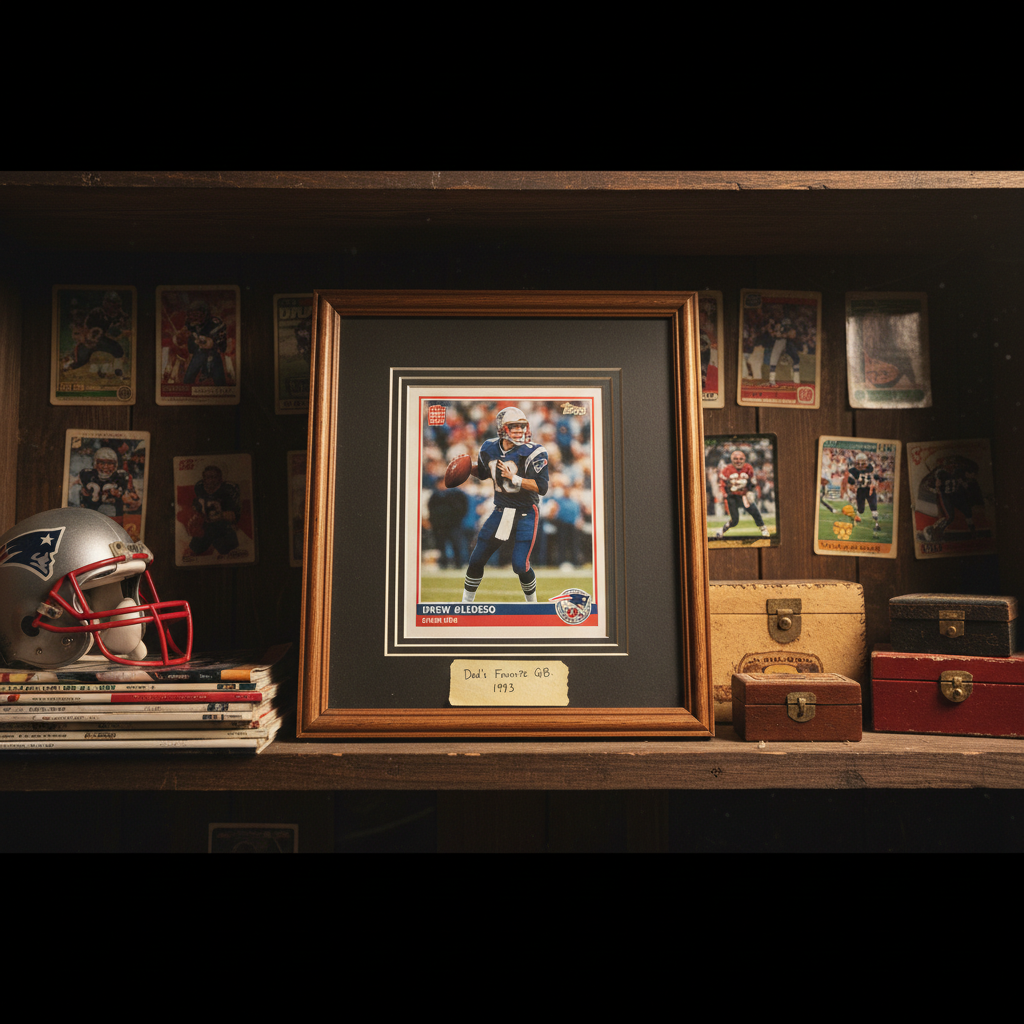 A framed sports card of Drew Bledsoe, potentially shown as part of a larger display, emphasizing personal collection over monetary value.