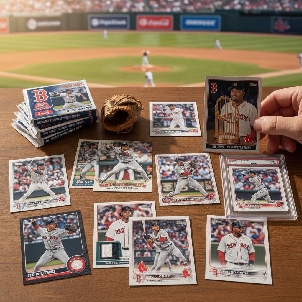 Baseball cards featuring Boston Red Sox players, symbolizing the connection between on-field performance and card collecting.