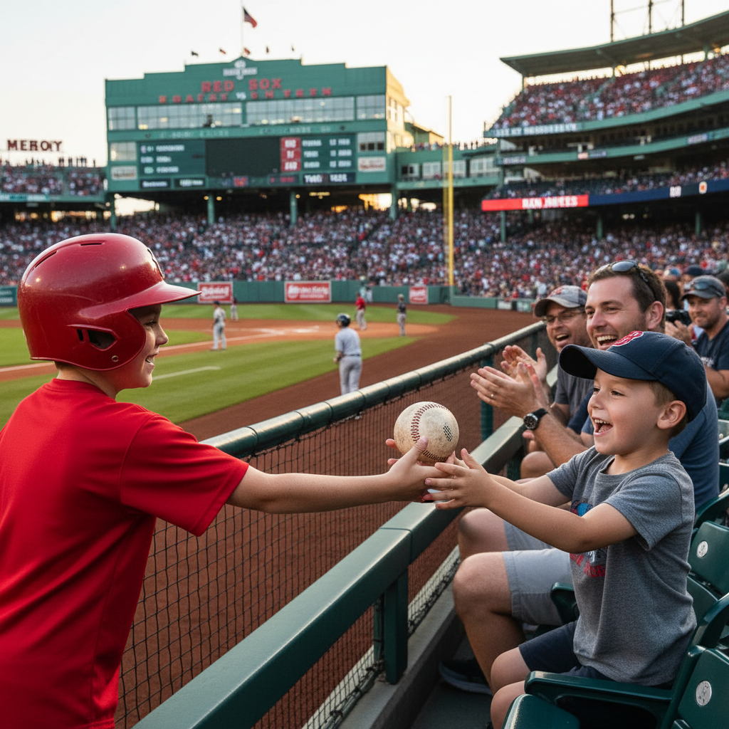 A baseball bat boy handing a foul ball to a young fan behind home plate at Fenway Park, highlighting the excitement of a rare souvenir.