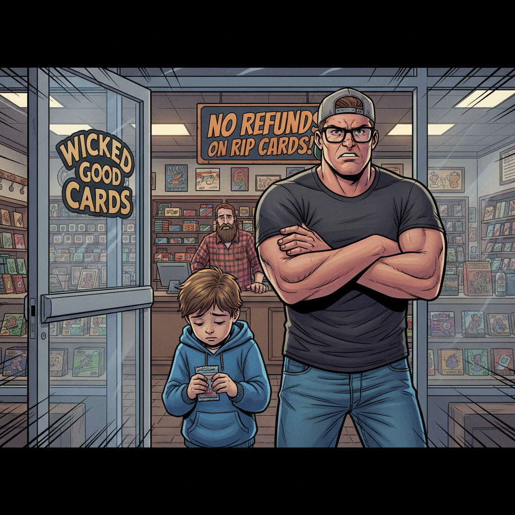A humorous illustration of an angry man leaving a card shop with a young boy looking embarrassed.