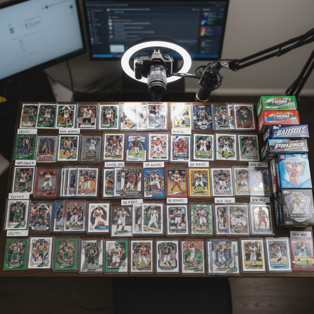 An organized display of various sports cards, neatly categorized by player, team, or set, ready for a live stream.