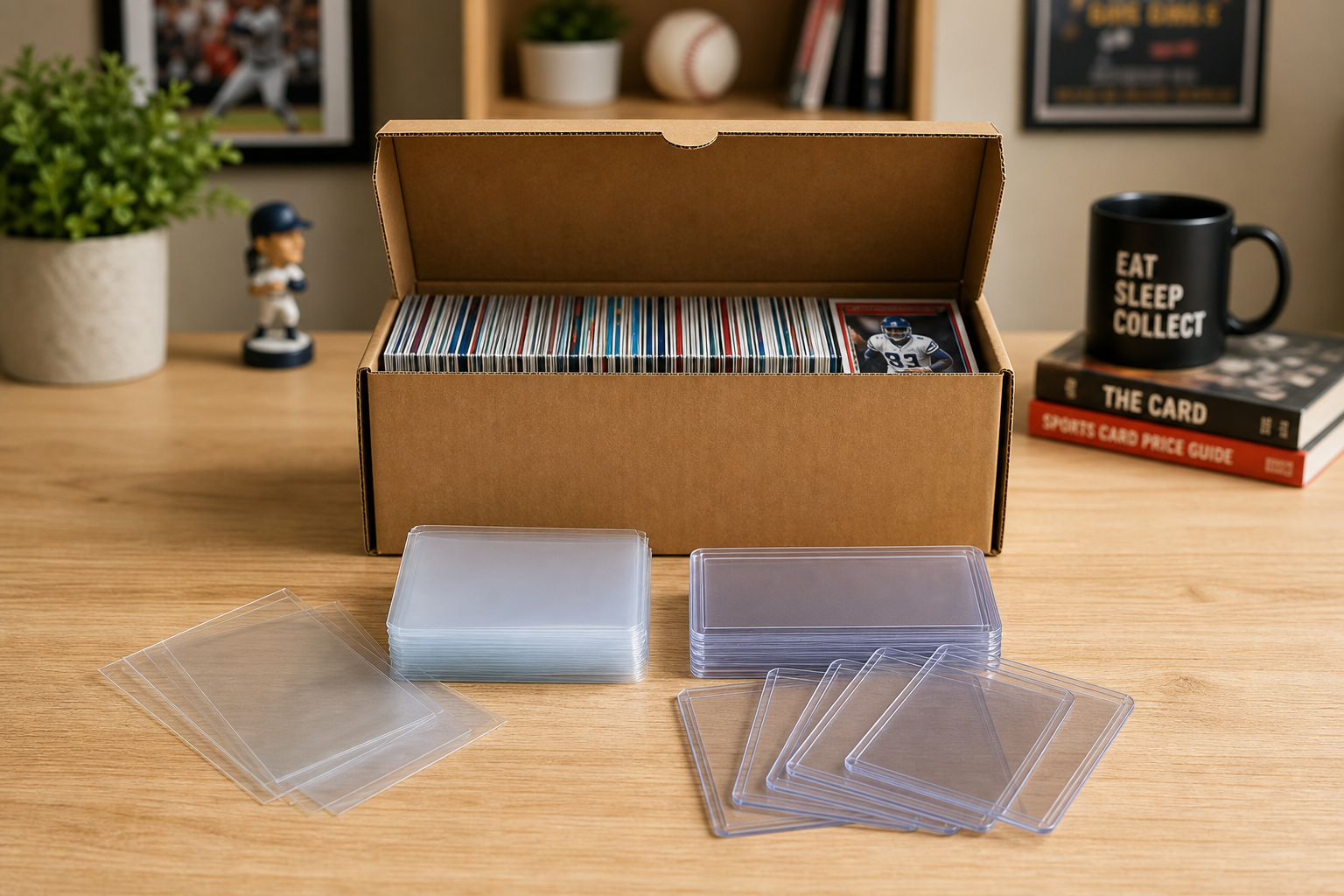 Basic card protection essentials: a sports card inside a penny sleeve, then inside a top loader, placed next to a cardboard storage box.
