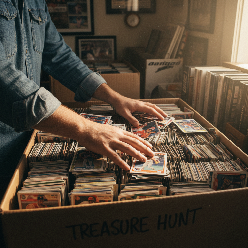 A hand sifting through a bin full of sports cards, representing a 'treasure hunt' for collectors.