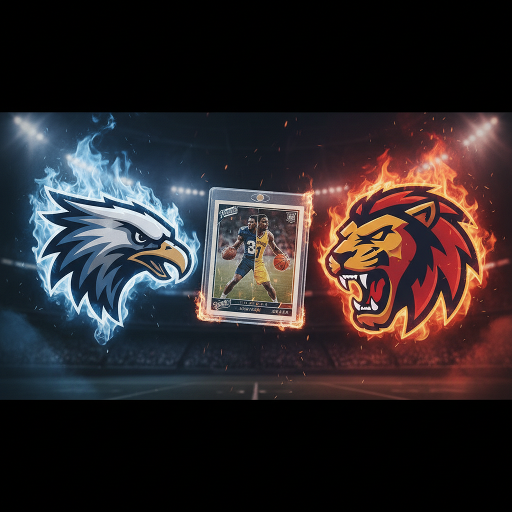 A fiery image of two rival sports team logos facing off, with a sports card in between them threatening to be burned.