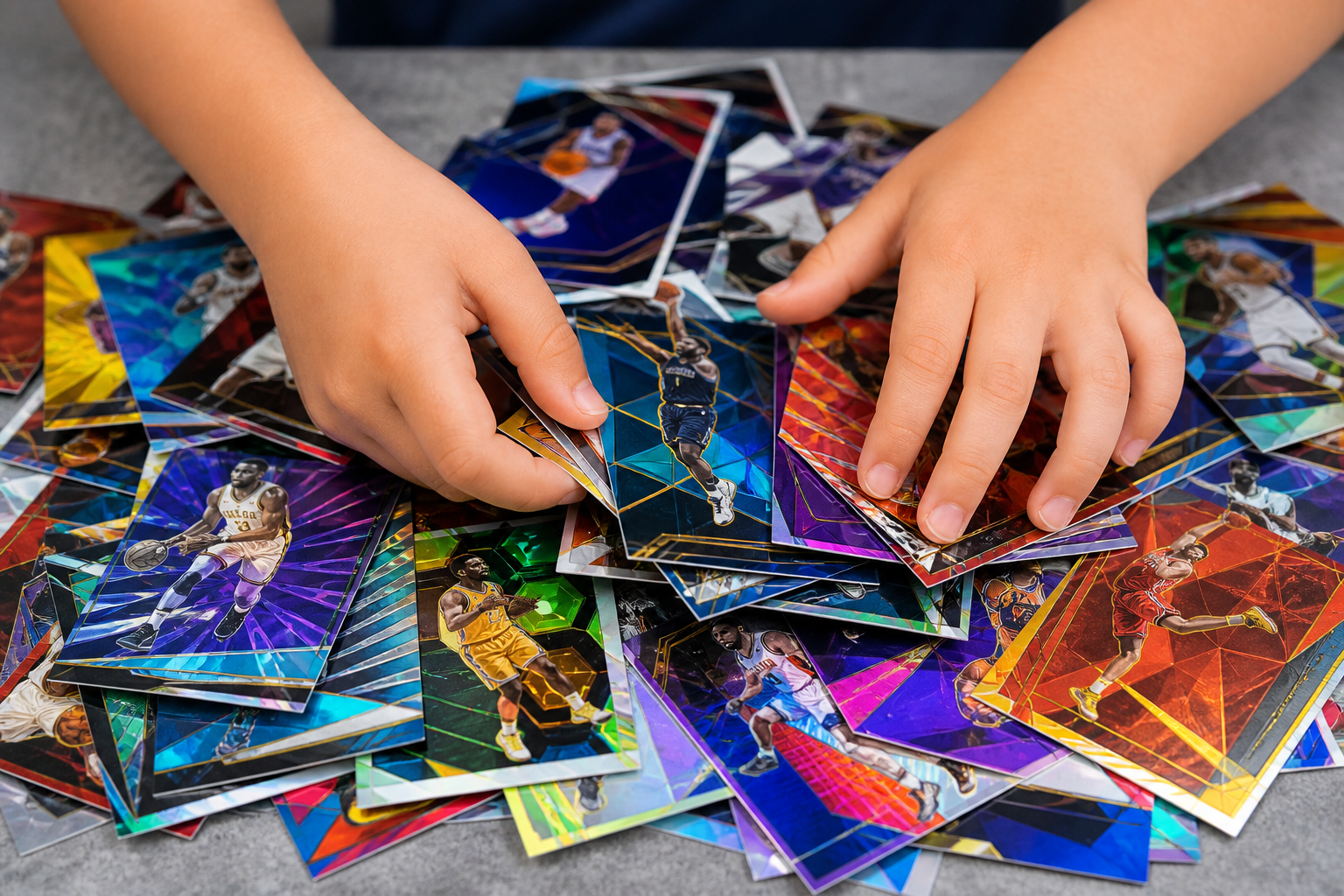 A child's hands excitedly sifting through a pile of colorful 2025-26 Panini Donruss Basketball parallels and inserts.