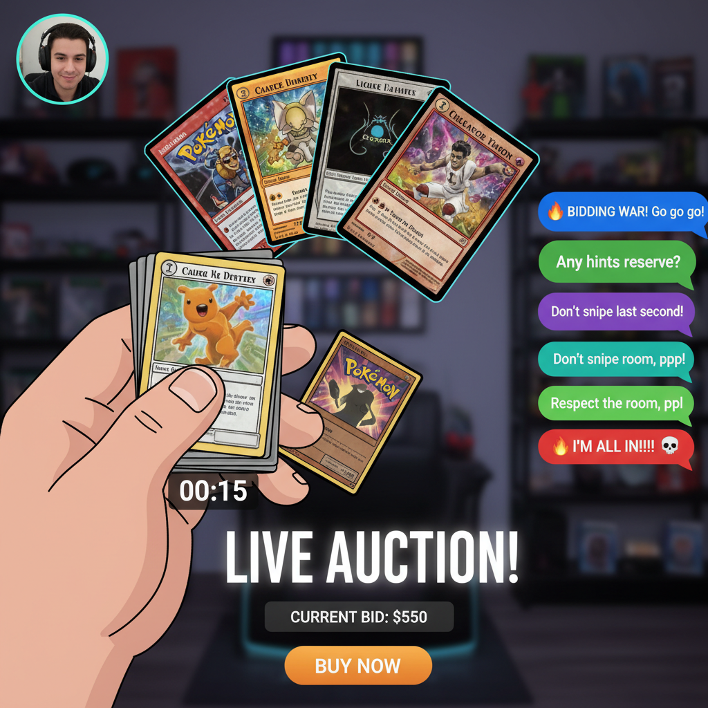 A graphic depicting various cards in a Whatnot stream, with chat bubbles discussing bidding strategies and etiquette.