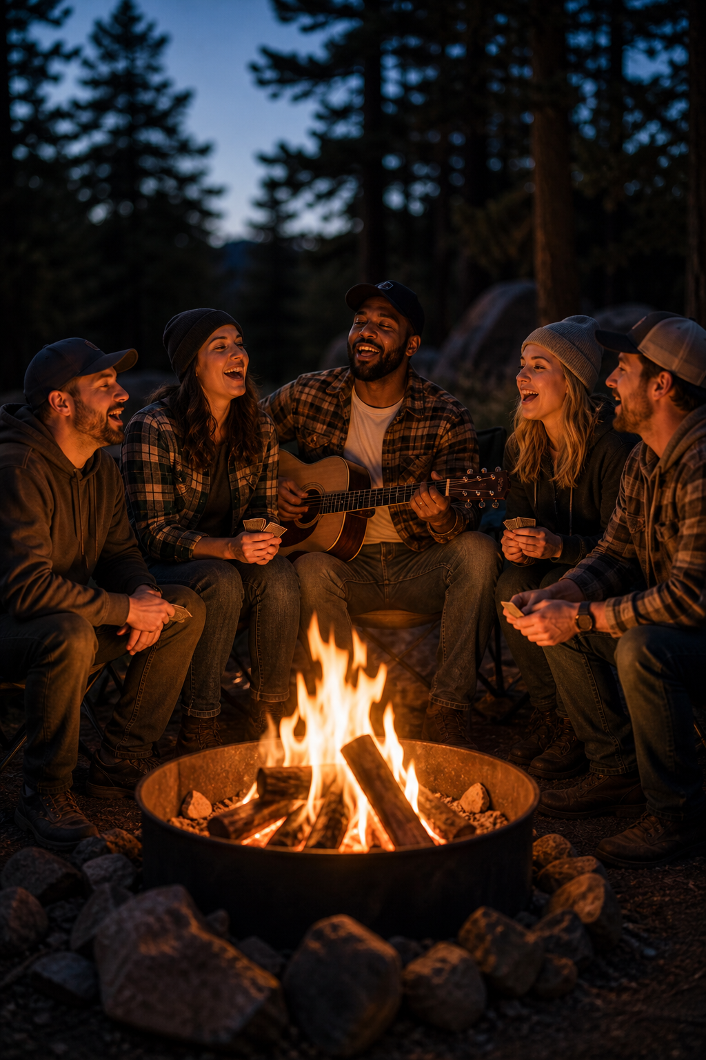 Sports card collectors sitting around a camp fire.