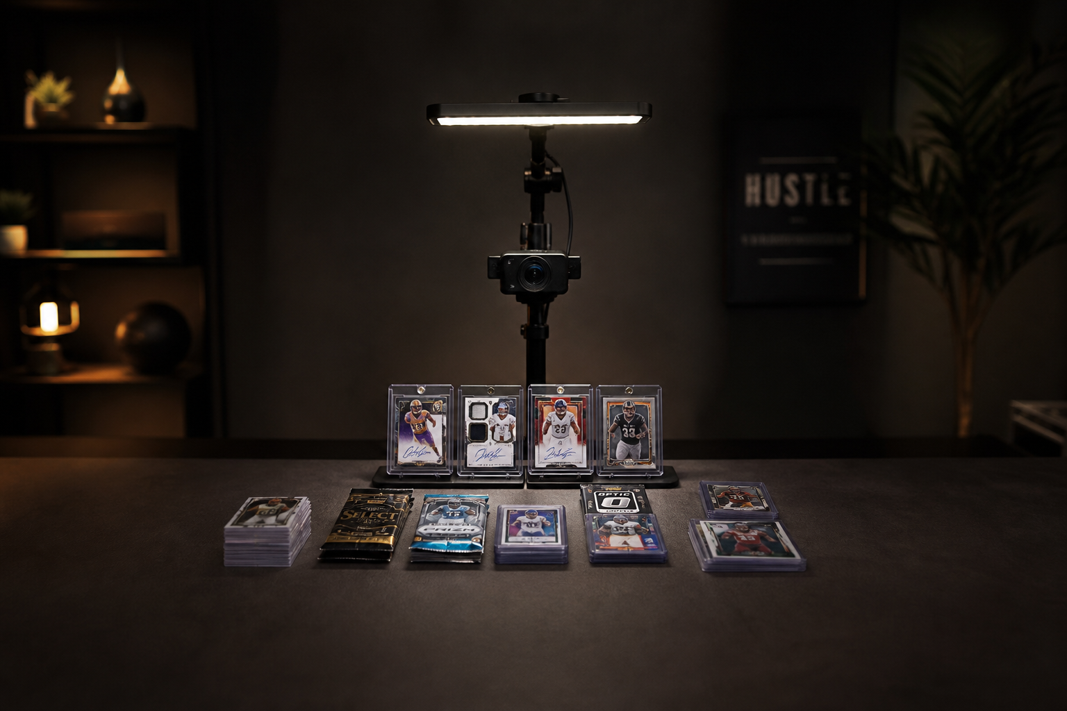 Collection of sports trading cards ready for breaking during a live stream broadcast