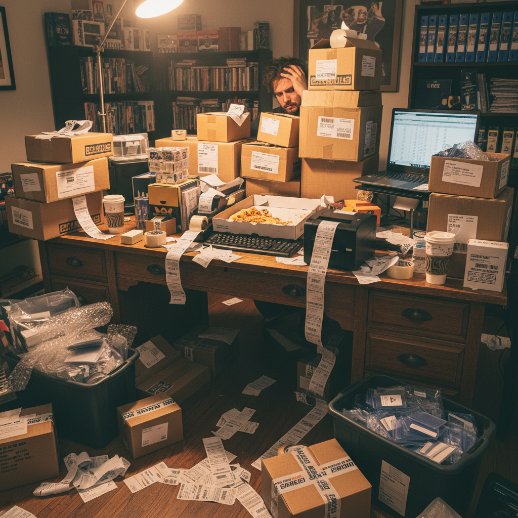 A cluttered shipping station with sports card packages and labels, illustrating the challenges of shipping.