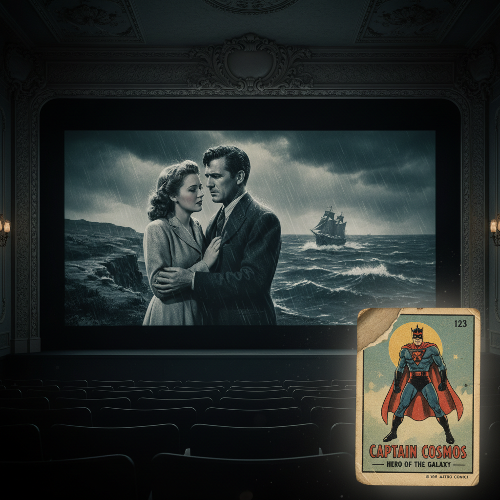 A movie screen showing a dramatic scene from a movie, with a vintage trading card in the corner of the frame.