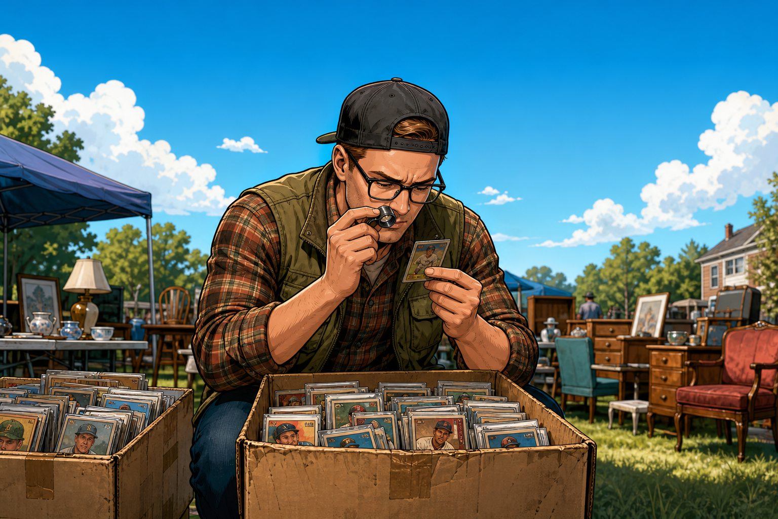 Sports card collector hunting for vintage card binders at a weekend yard sale