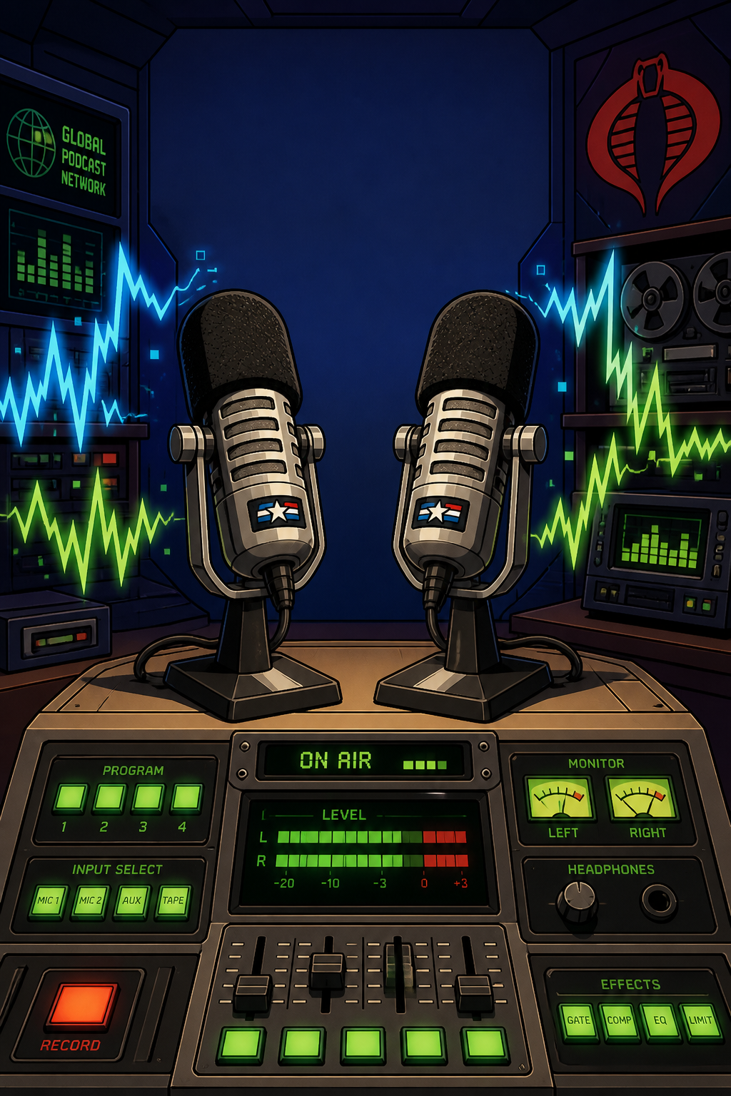 Wicked Good Pulls podcast microphone setup with audio waveforms