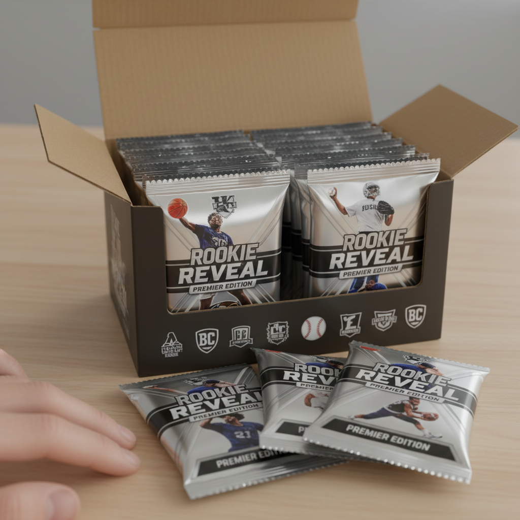 An opened box of new sports card packs, with a few individual packs visible, ready to be ripped open.
