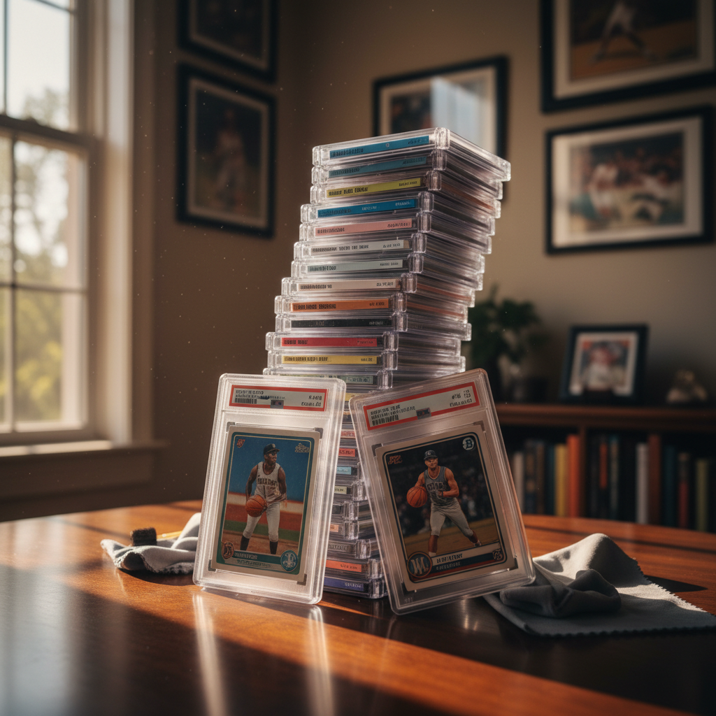 A stack of various sports card slabs waiting to be sorted or cleaned.