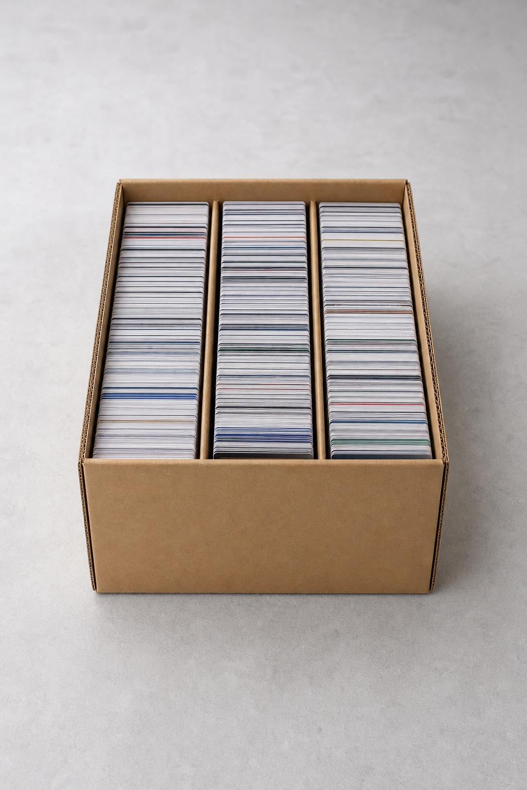 A 3-row sports card storage box, with cards organized into three distinct rows.