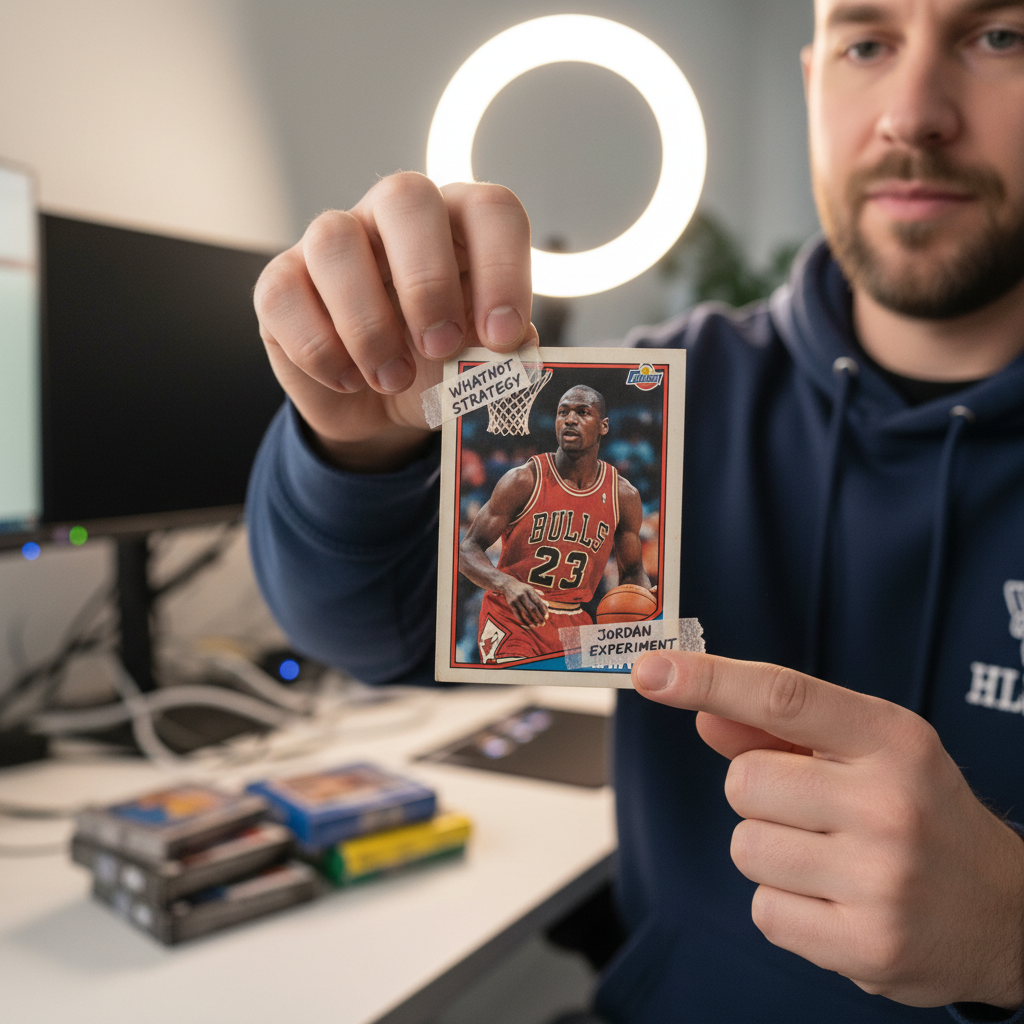 A close-up of a Michael Jordan basketball card being held, symbolizing the 'Jordan experiment' and strategic pricing on Whatnot.
