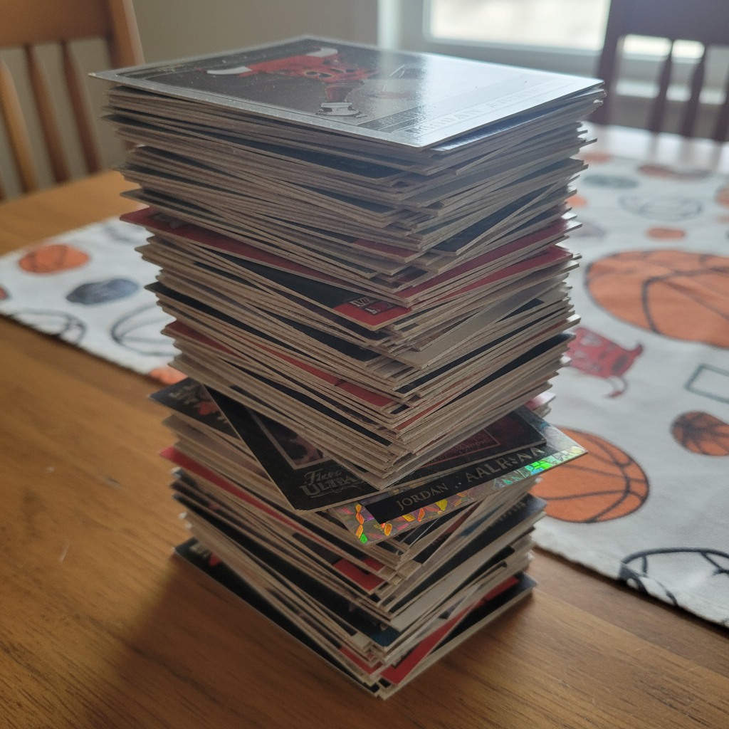 A stack of various Michael Jordan basketball cards, including base cards and shiny inserts.