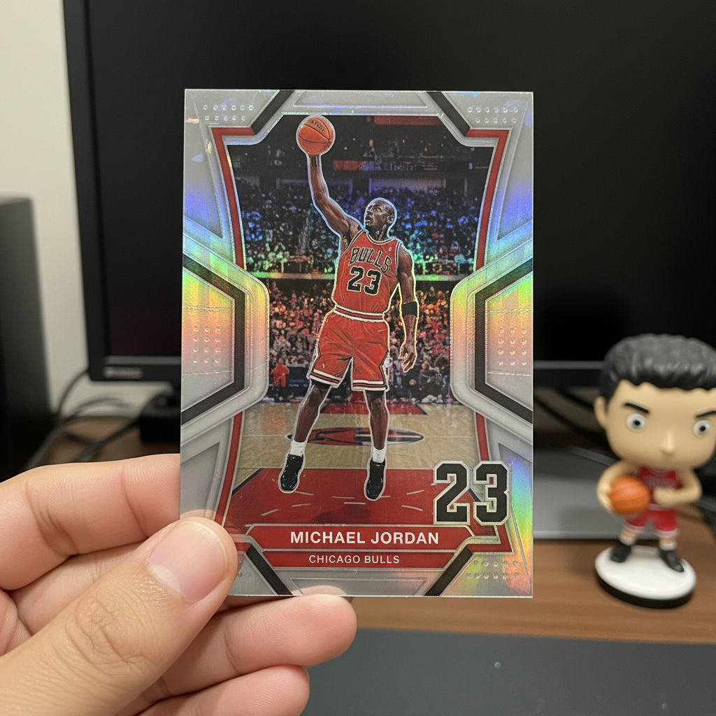 A hand holding a Michael Jordan basketball card with a shiny insert design.