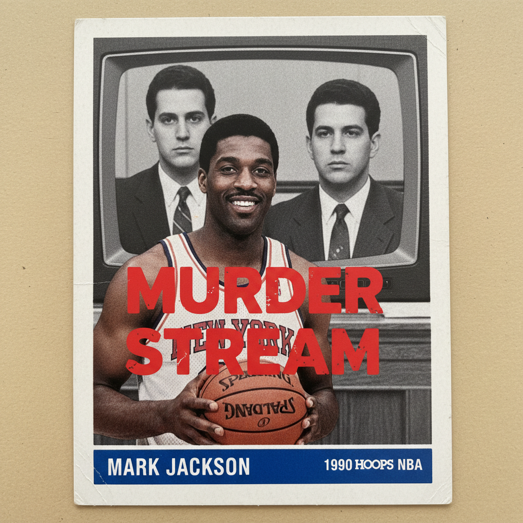 A Mark Jackson sports card with the Menendez Brothers visible in the background, symbolizing the 'Murder Stream' topic.