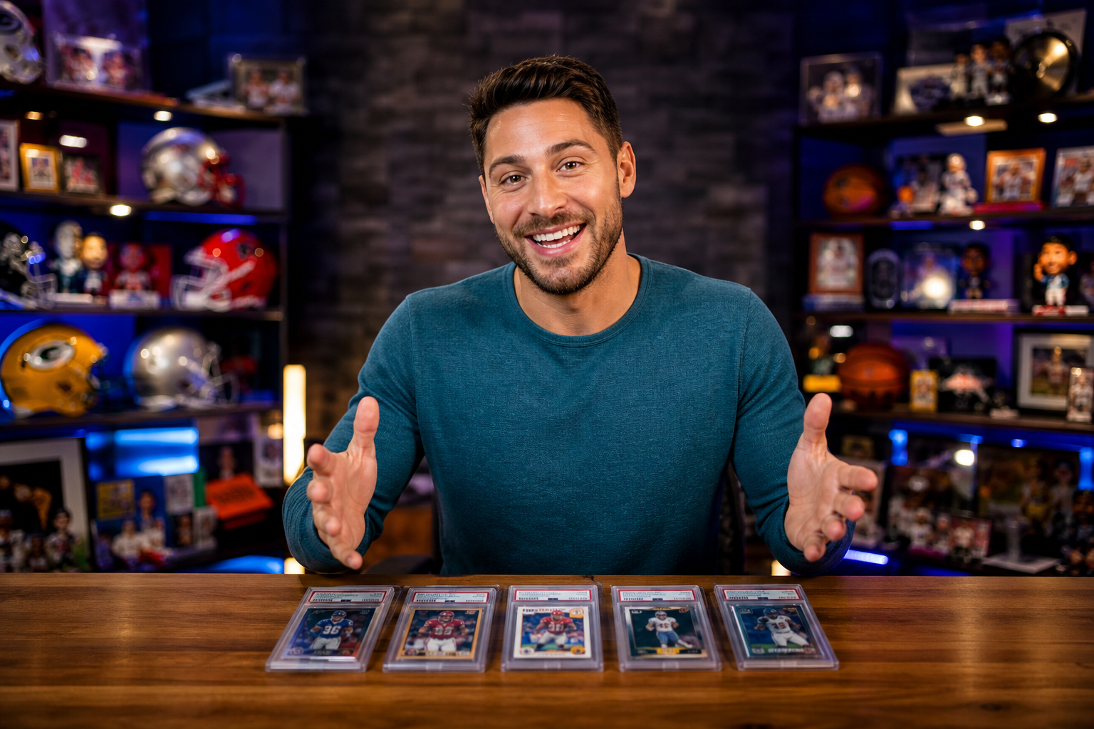 A sports card breaker streaming live on Whatnot with card slabs displayed