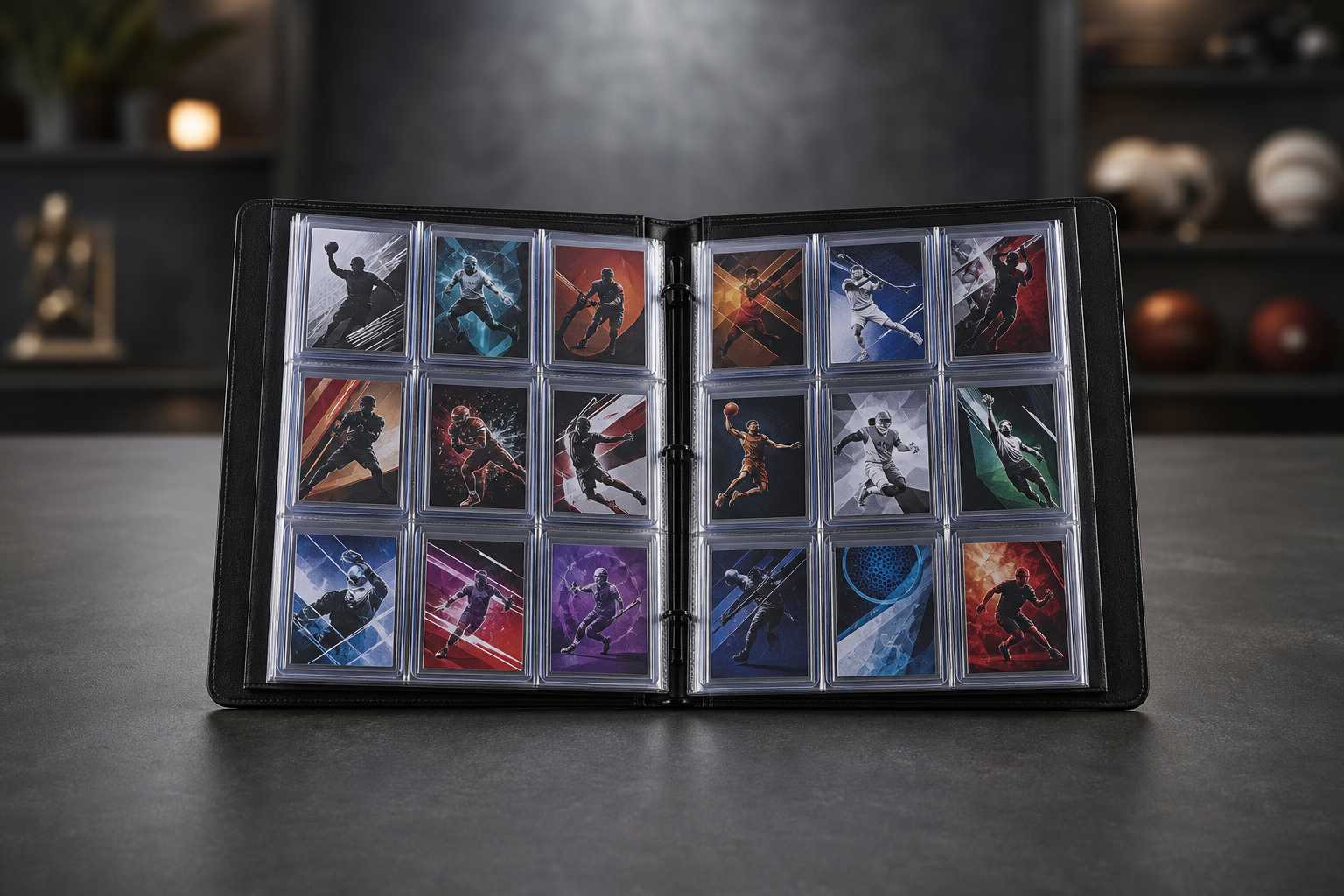 A small collection of graded sports cards displayed on stands on a shelf.