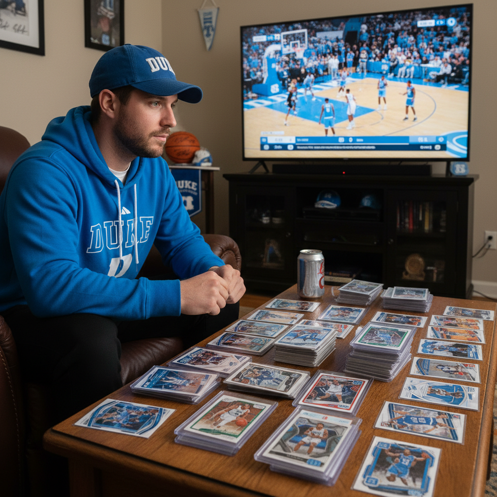 A sports fan watching a Duke vs. North Carolina game on TV, with sports cards laid out on a table in front of them.