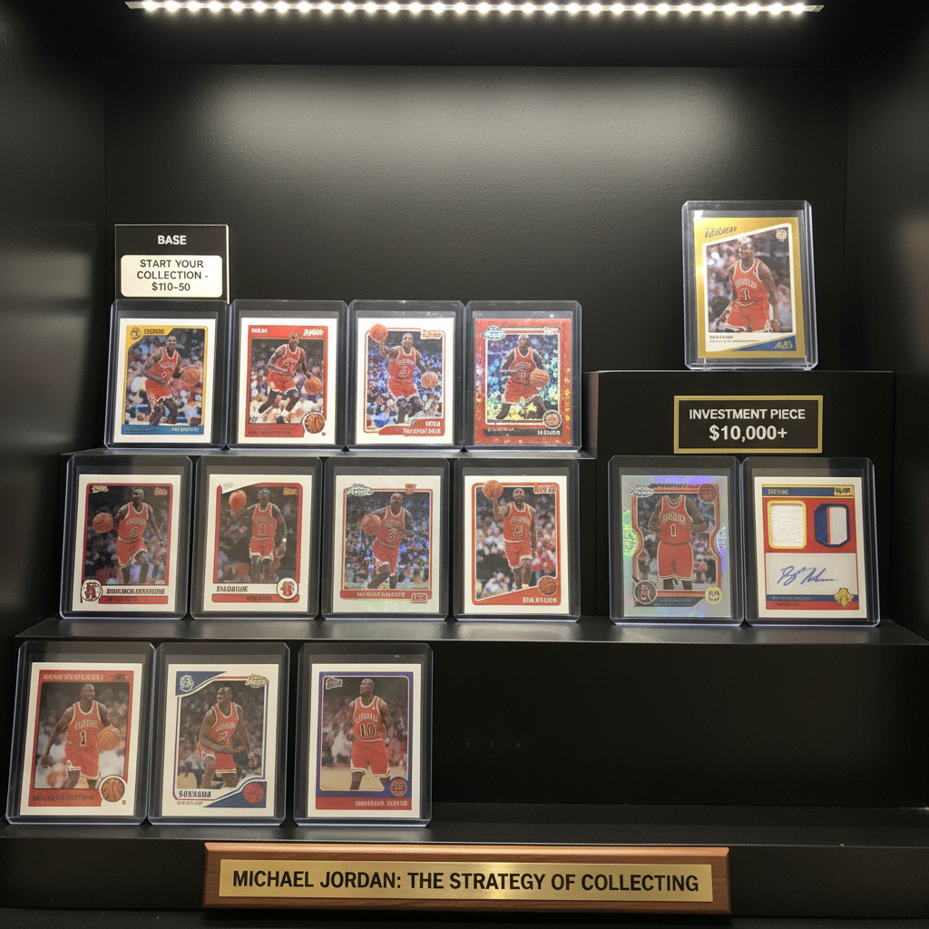 A display showing different tiers of Michael Jordan sports cards, from base to premium, illustrating the sales strategy.
