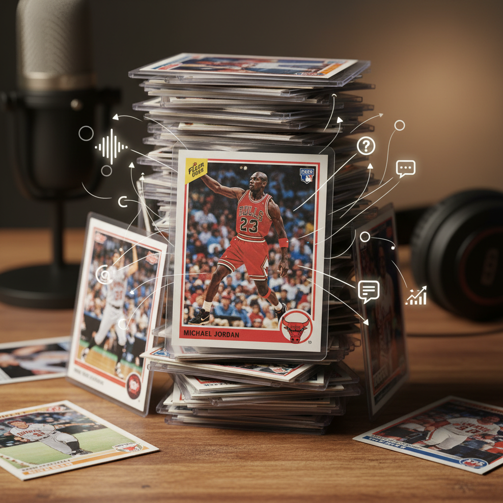A stack of various sports cards featuring a Michael Jordan card prominently in the middle, symbolizing key discussion points from the podcast.