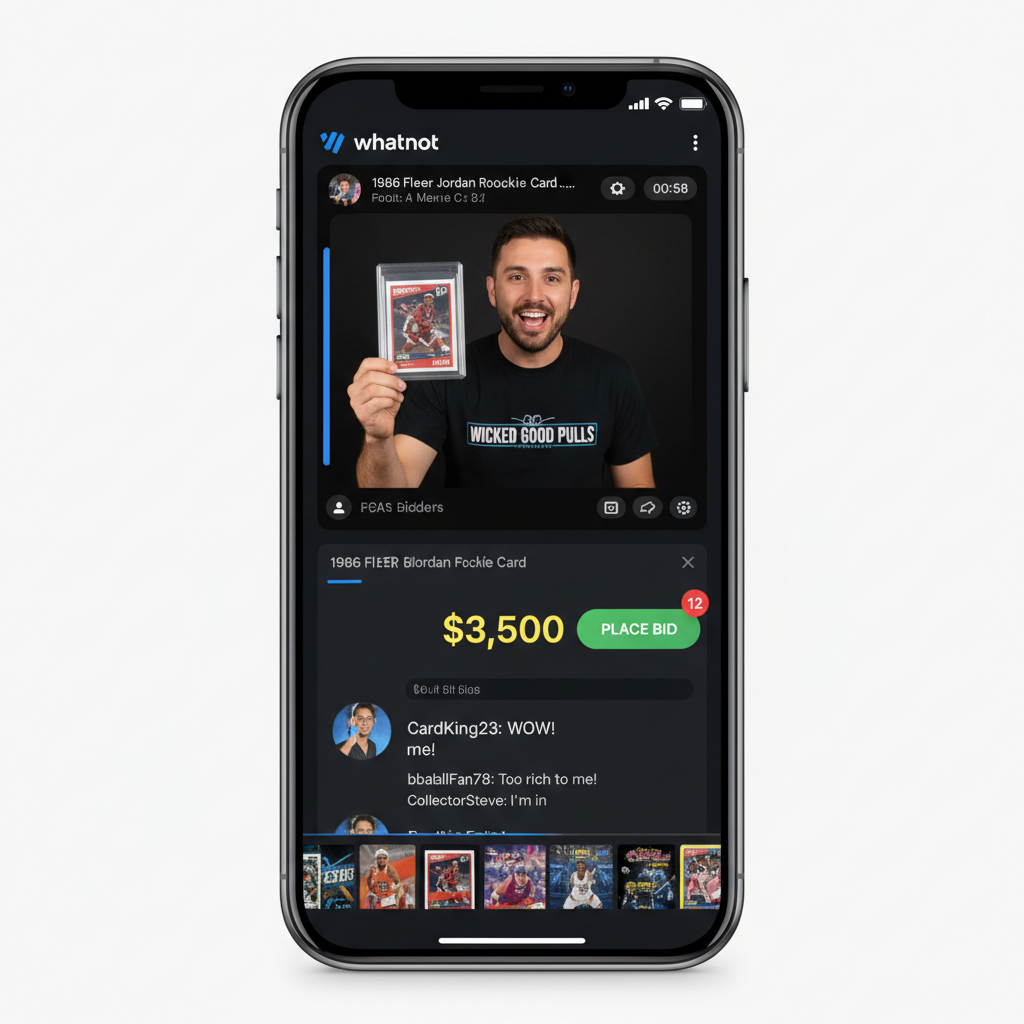 A screenshot of the Whatnot app showing a live auction with multiple bids.