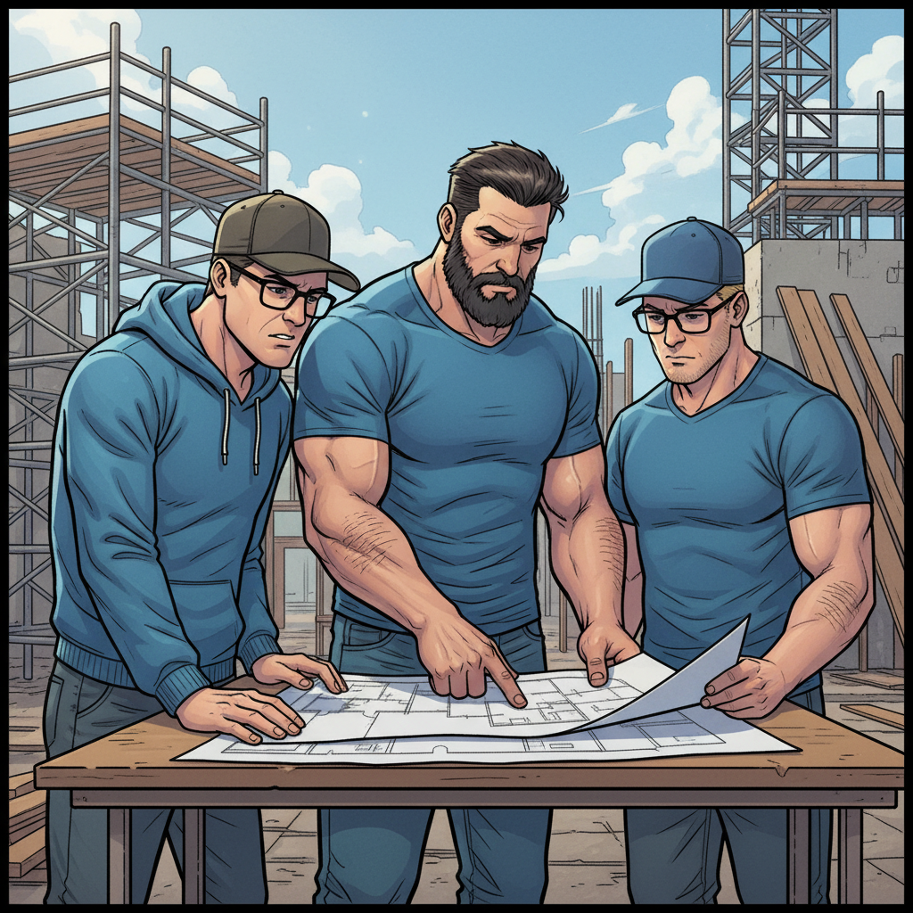 Three jacked dudes looking over blueprints with scaffolding in the background.