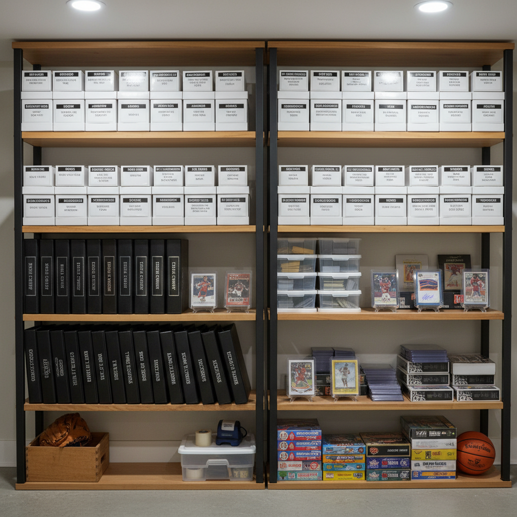 A shot of a well-organized basement shelf filled with sports card boxes, binders, and supplies.