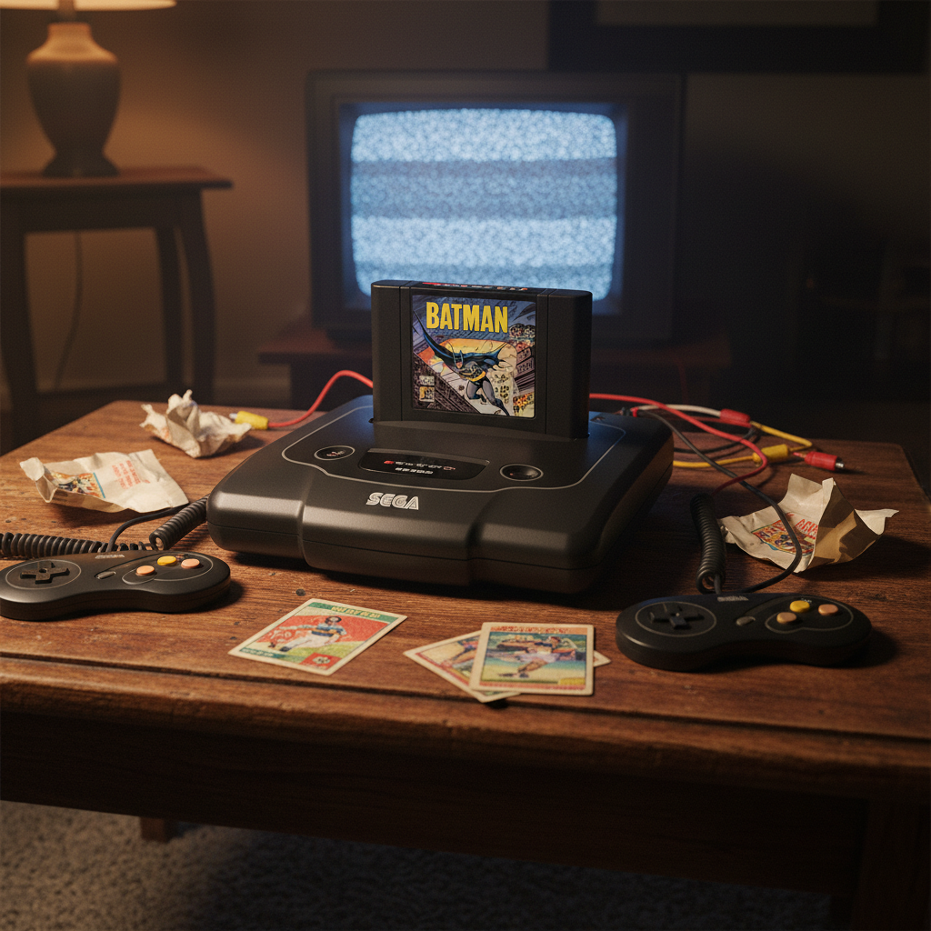 A classic Sega Genesis console with a Batman cartridge inserted, evoking nostalgic gaming memories and brotherly disputes.