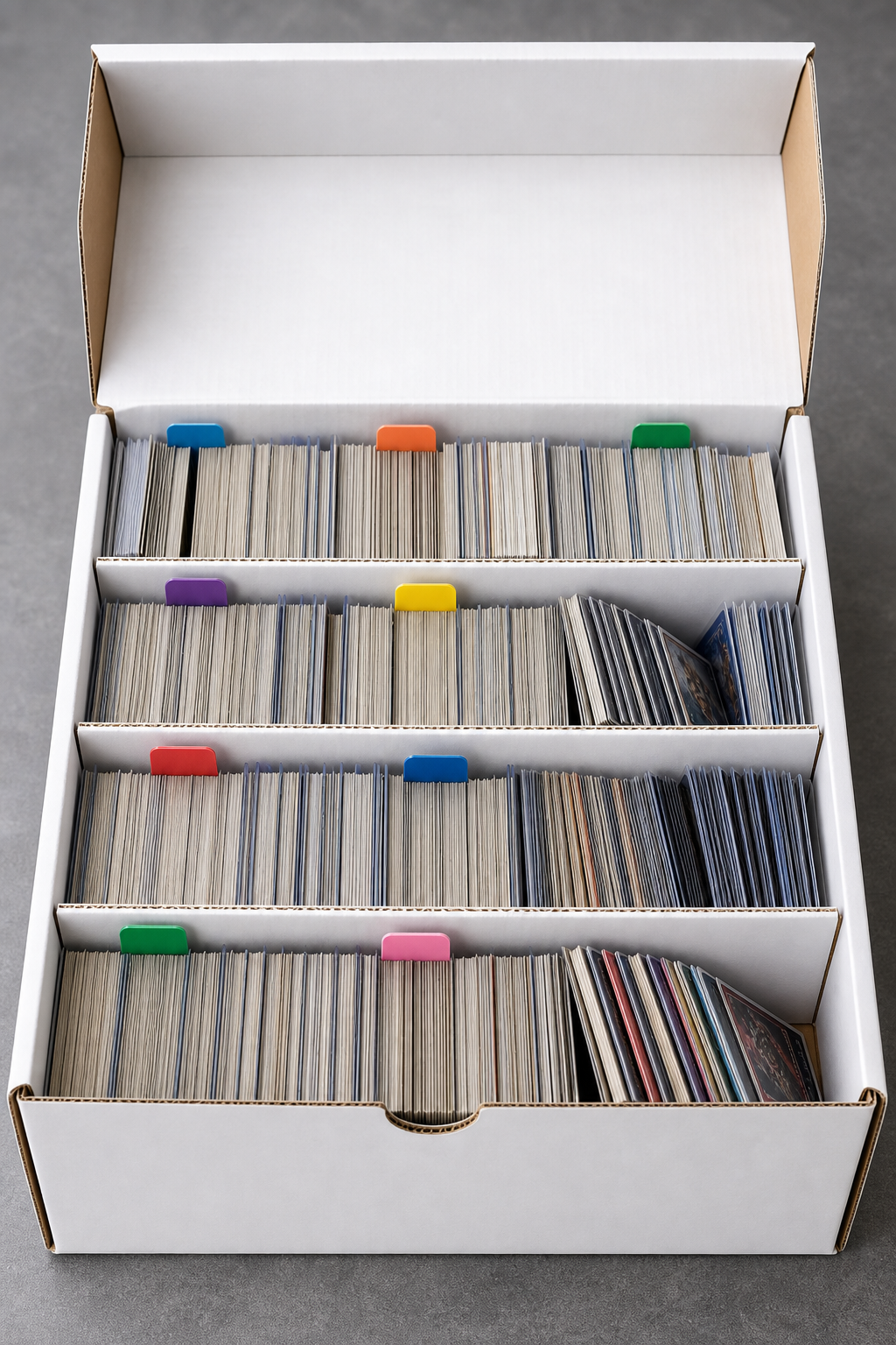 A 4-row sports card storage box, illustrating how cards can be sorted by team across the rows.