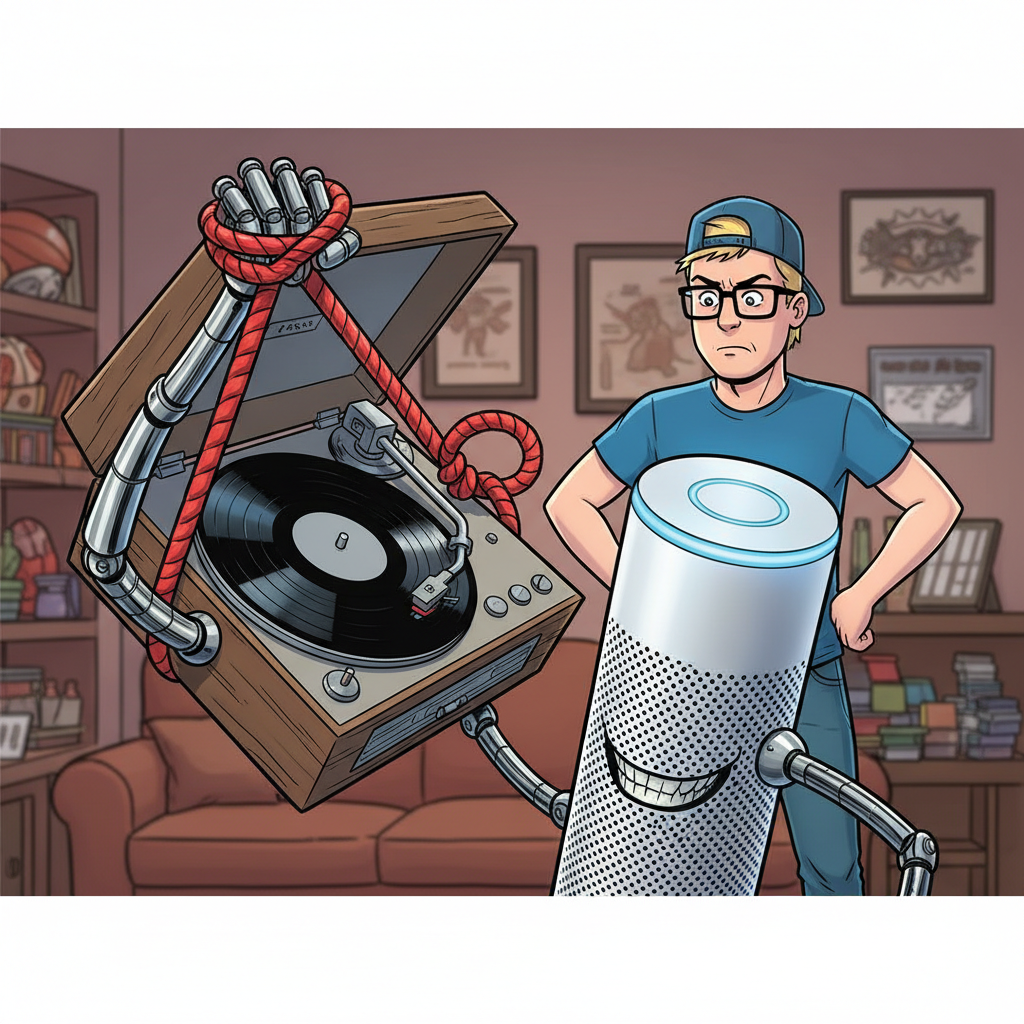 A humorous illustration of a smart speaker with a mischievous grin, holding a record player hostage, with Mike in the background looking frustrated.