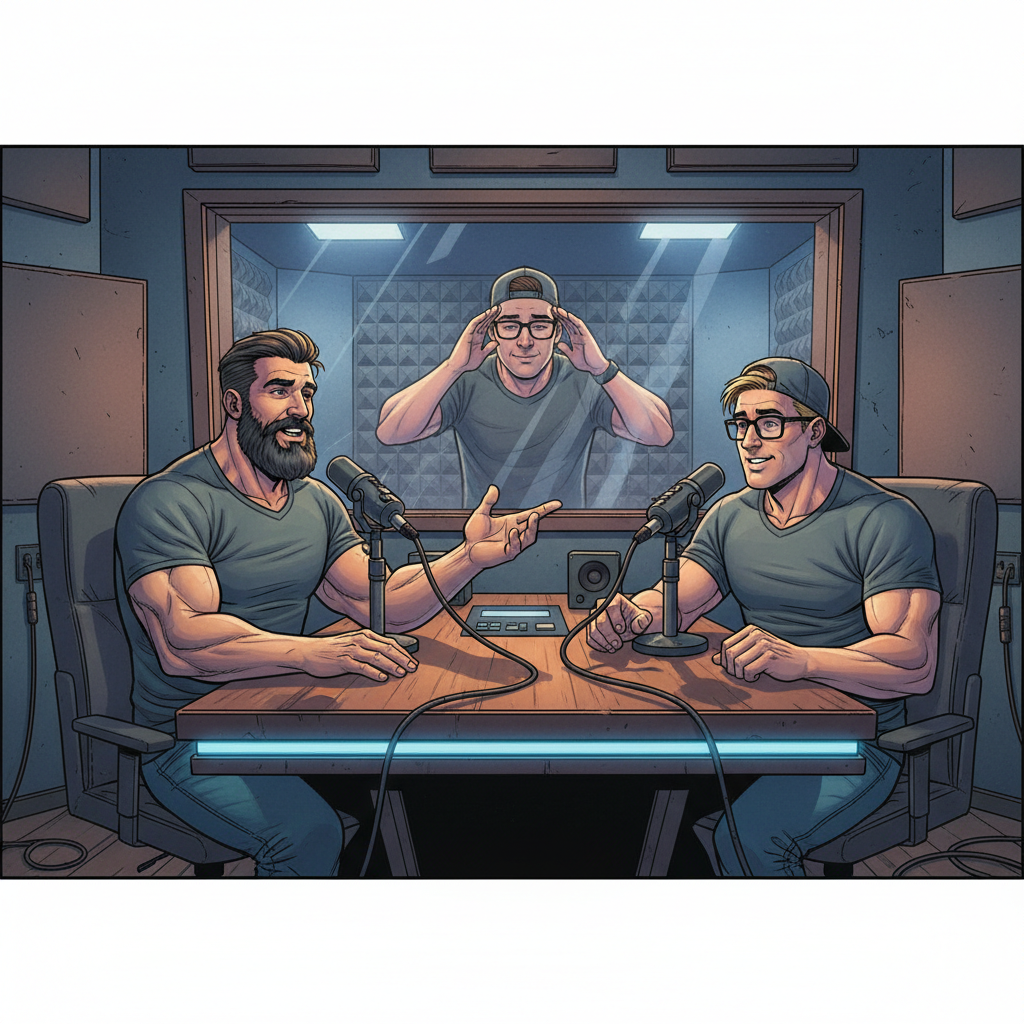 A cartoon illustration of Mike and Joe at a microphone, possibly from their podcast.