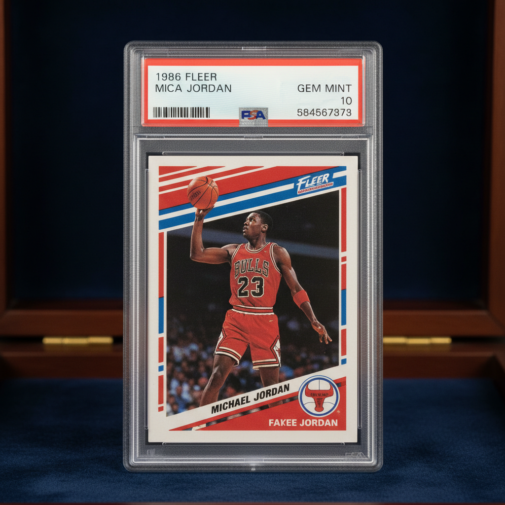 A single, highly-graded sports card in a protective slab, representing a higher-value item.