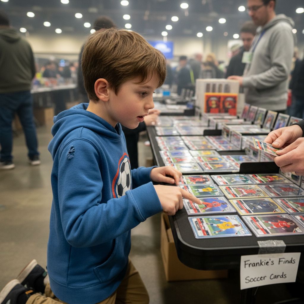A young boy, Frankie, at a card show table, looking intently at soccer cards.