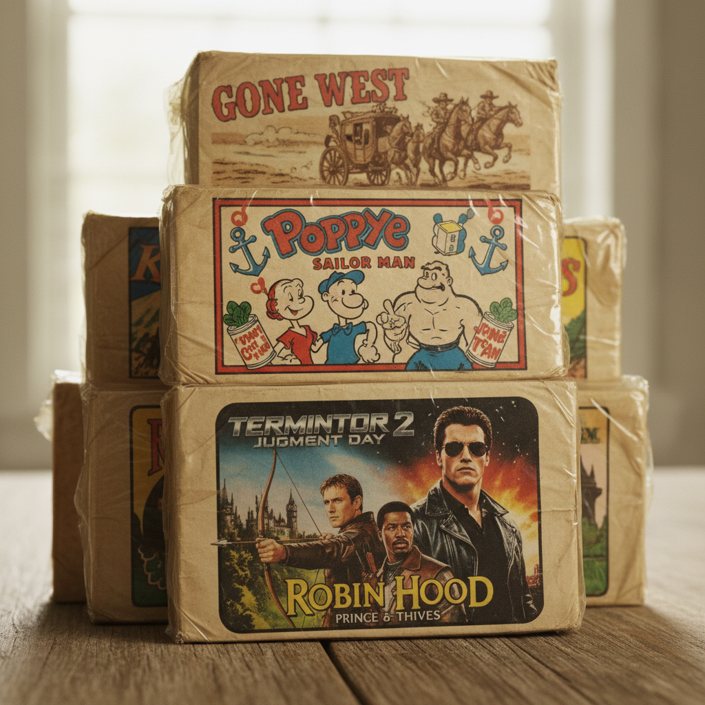 A stack of vintage, sealed sports card or trading card packs from various old movies or shows like Gone West, Popeye, Terminator 2, and Robin Hood.