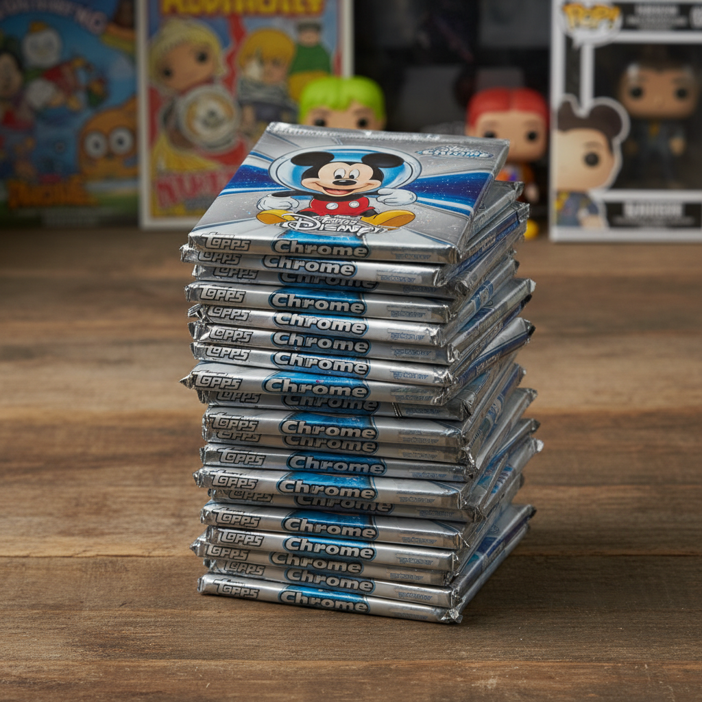 A stack of Topps Chrome Disney trading card packs with Mickey Mouse on the wrapper.