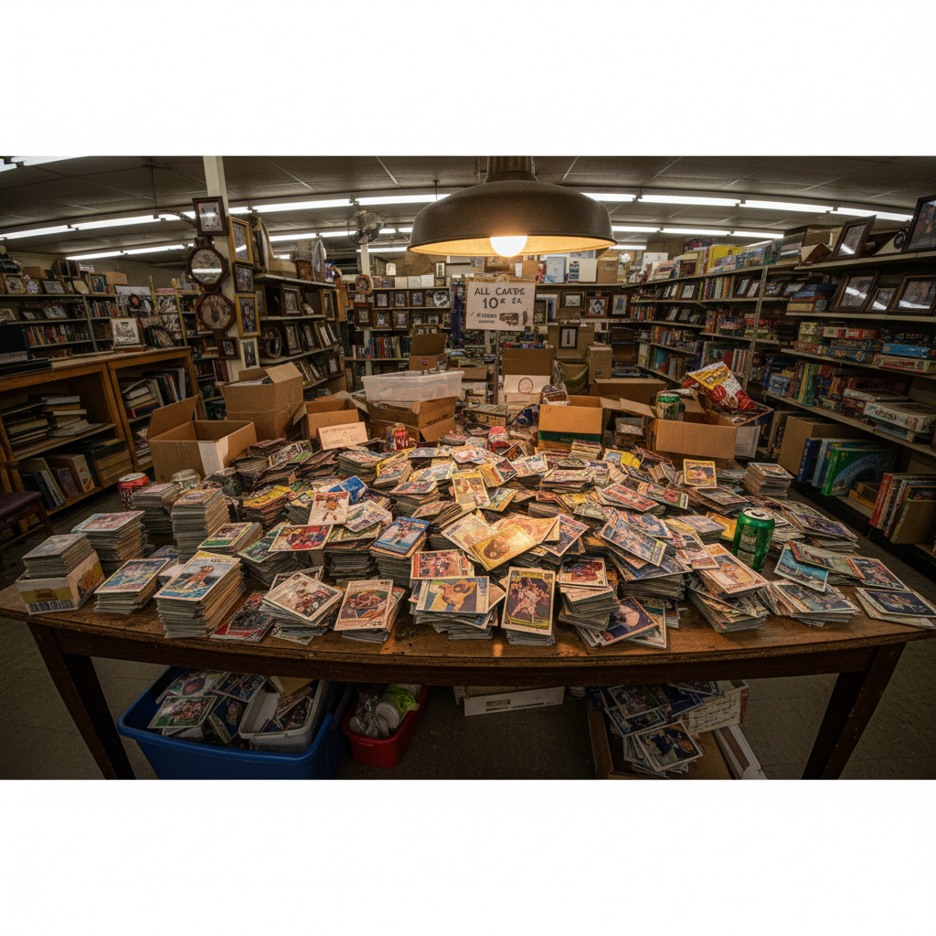 A chaotic scene of unsorted sports cards covering a large table, illustrating a 'thrift shop nightmare' scenario.