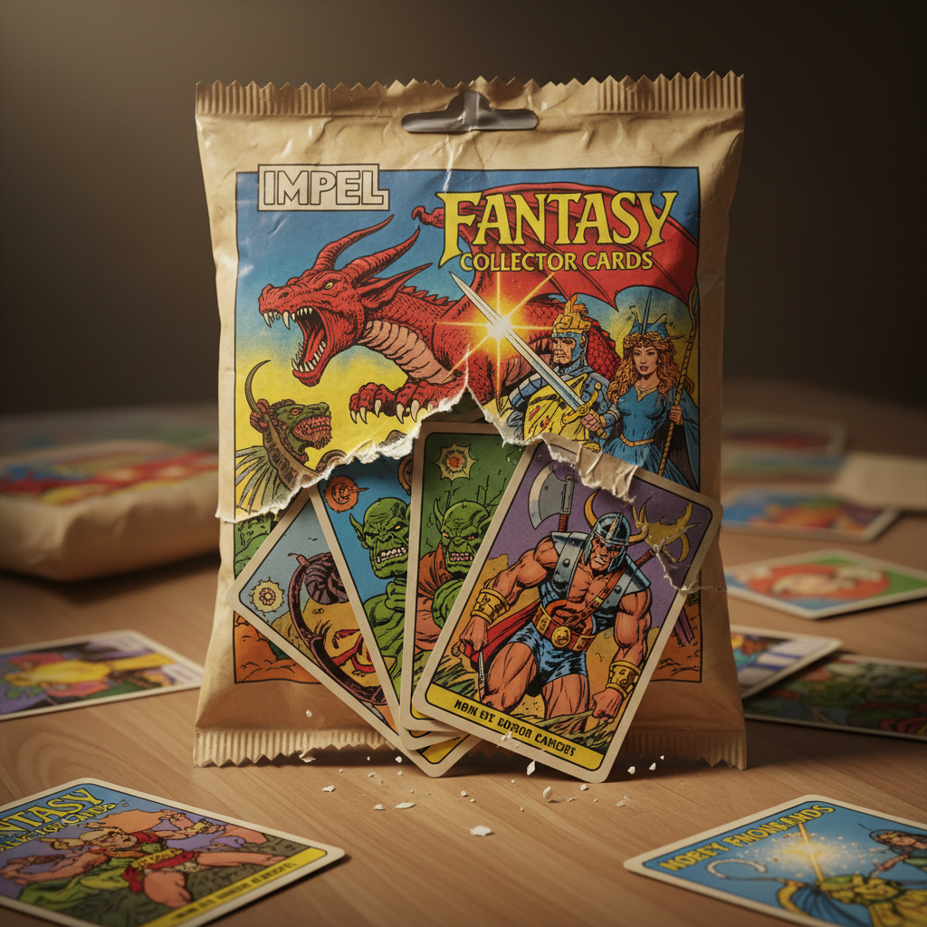 A retro 1992 Impel Disney Collector card pack ripping open, revealing classic Disney characters.