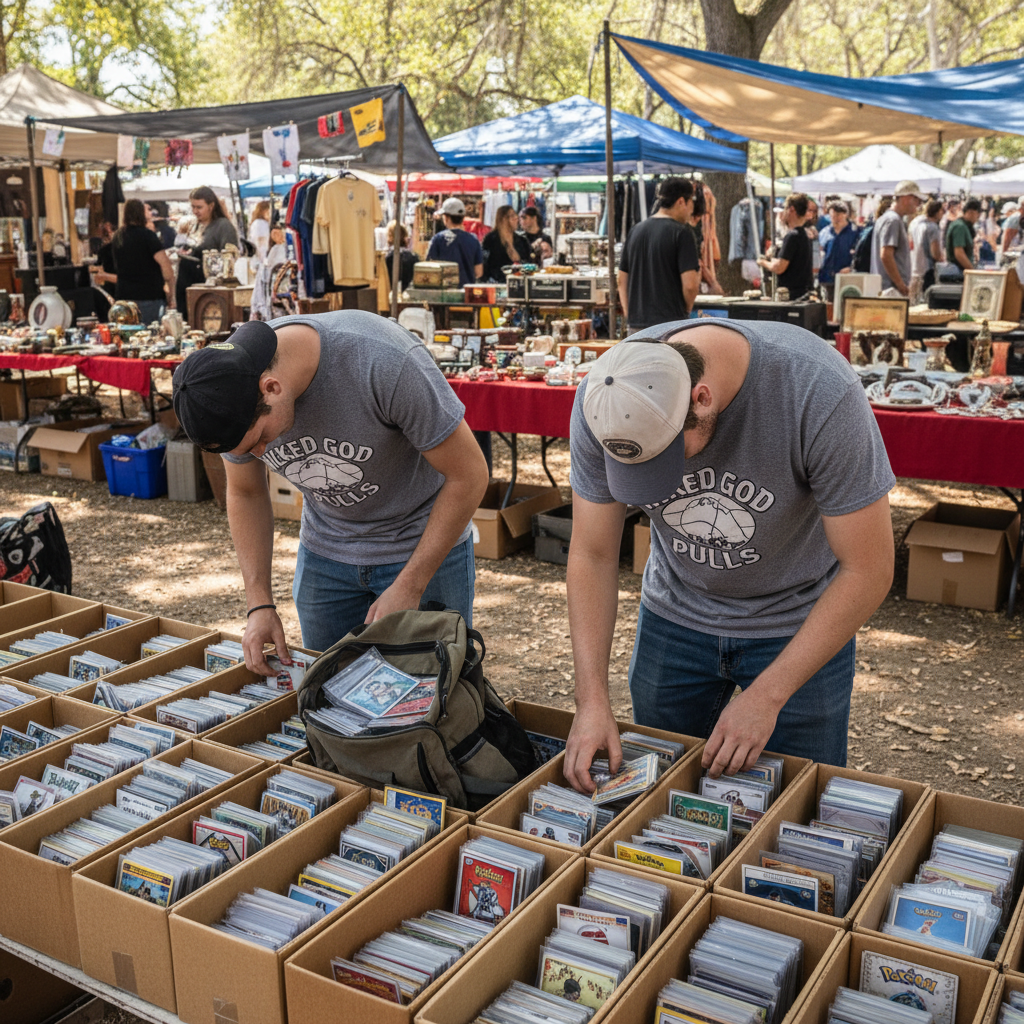 A photo of the Wicked Good Pulls brothers hunched over card bins at a flea market, possibly showing signs of 'Flea Market Neck'.