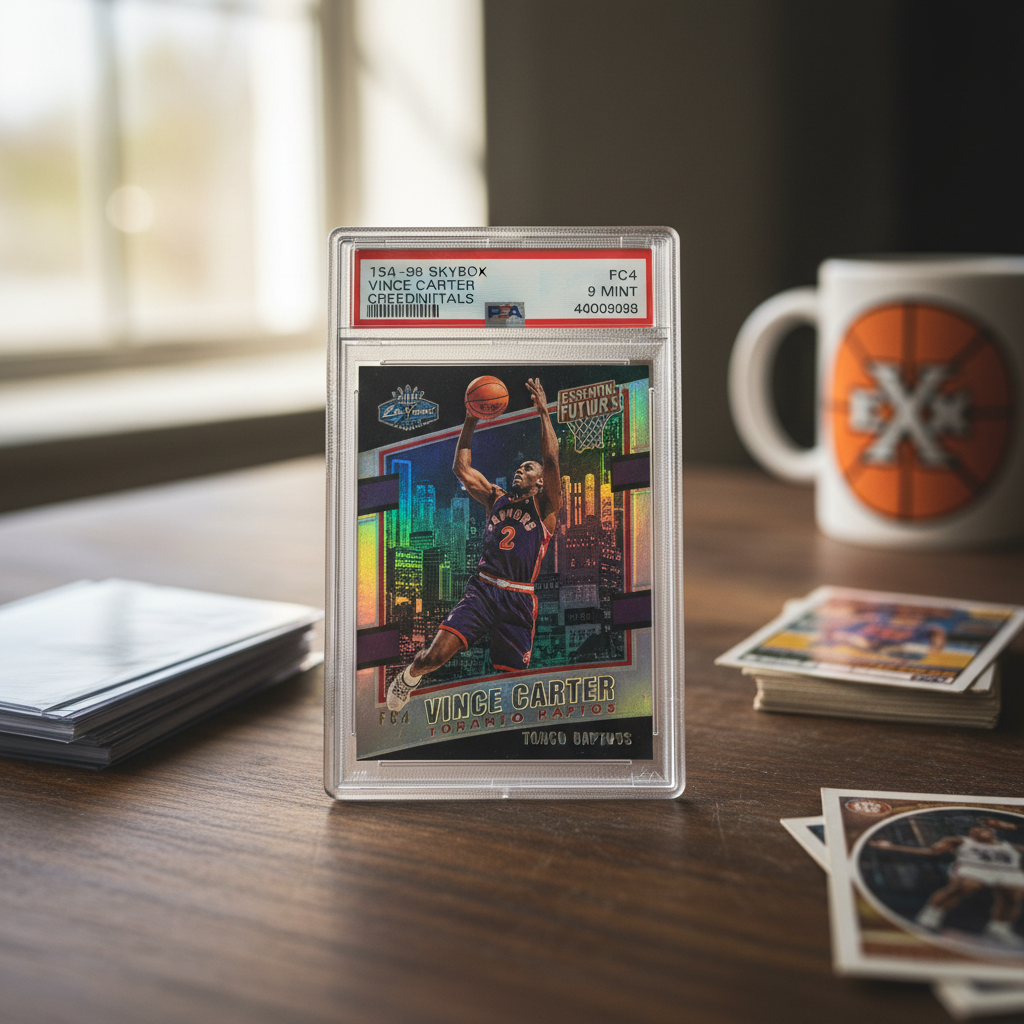 A vintage Vince Carter trading card from his playing days, possibly a rookie card or a dunk highlight card.