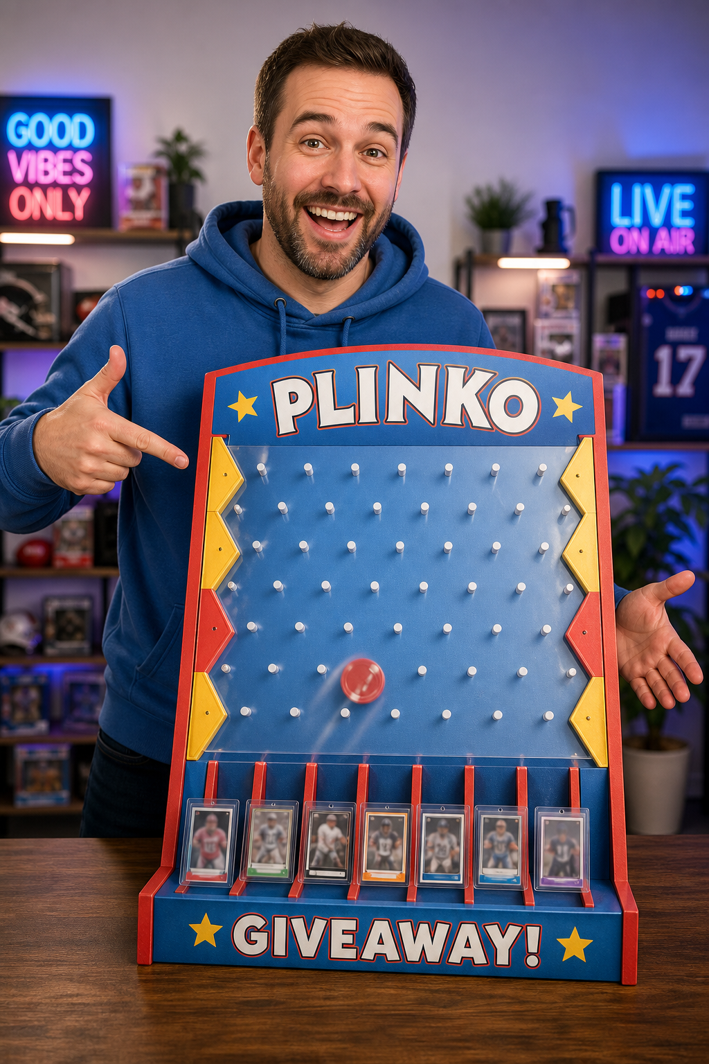 Live Whatnot sports card stream chat showing bids and giveaway winners
