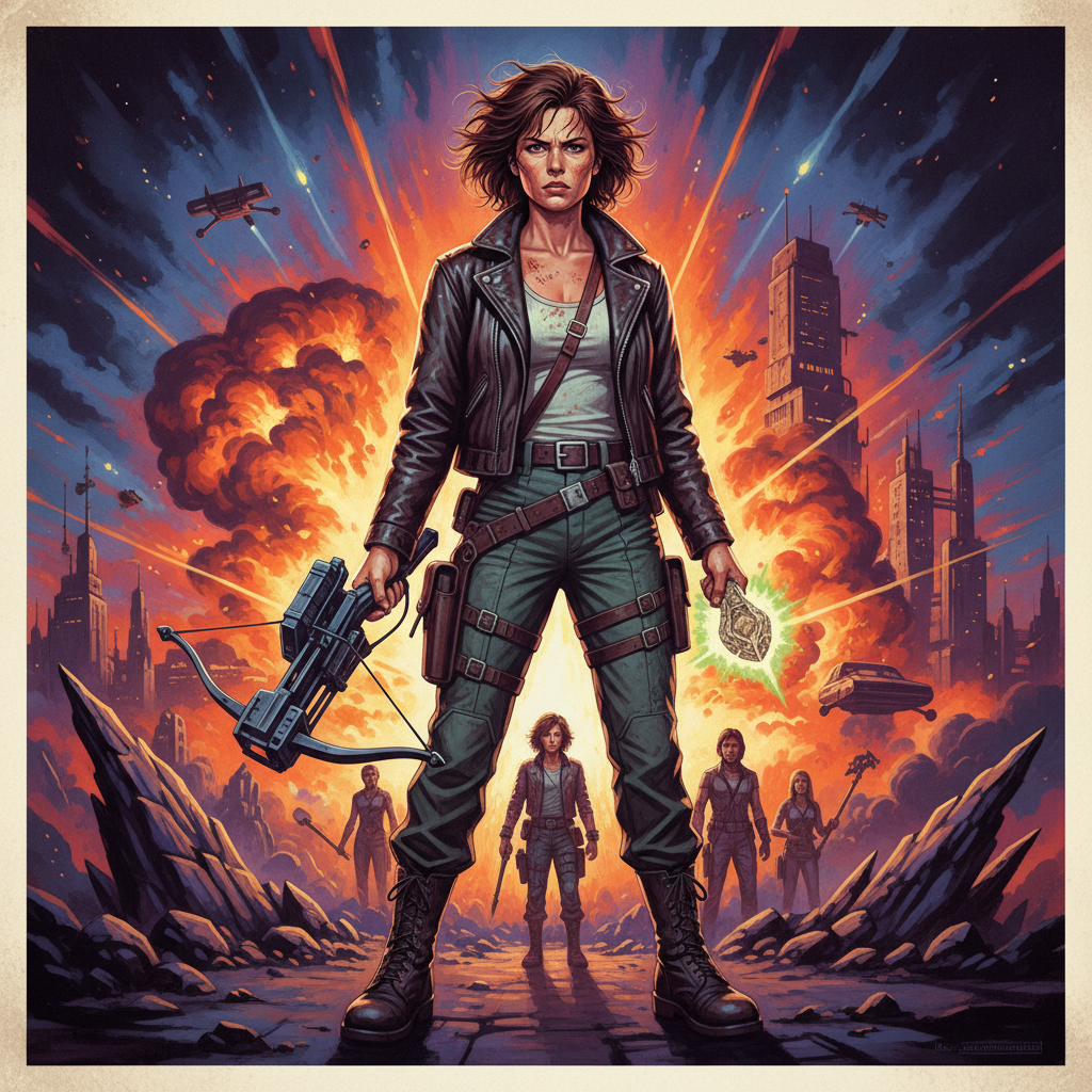 A retro movie poster with an action hero on it, possibly Emma Thompson in a rugged role.