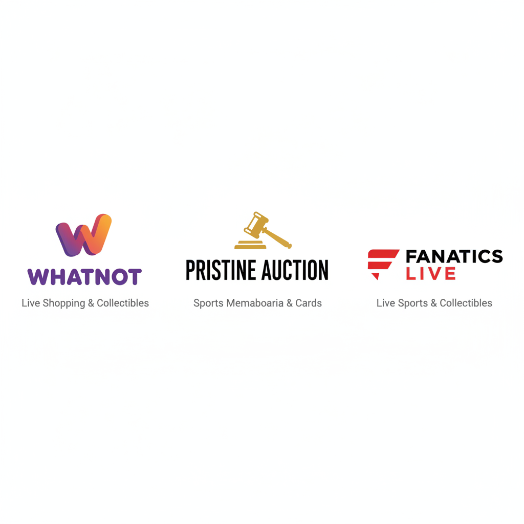 Comparison graphic showing logos of Whatnot, Pristine Auction, and Fanatics Live side-by-side, representing different sales platforms discussed.